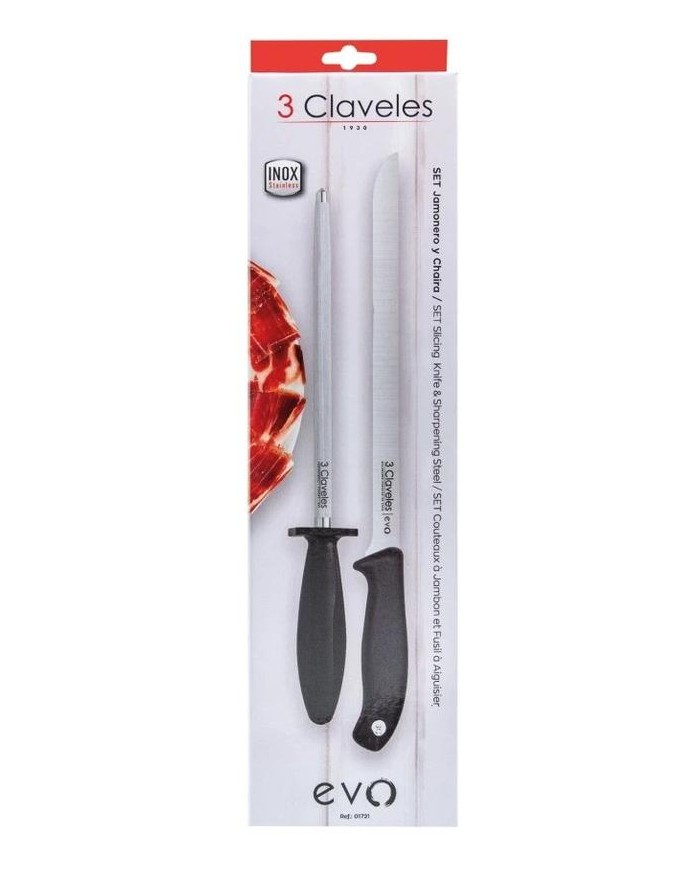 CUCHILLO JAMONERO Y CHAIRA 250MM. 3 CLAVELES          01721