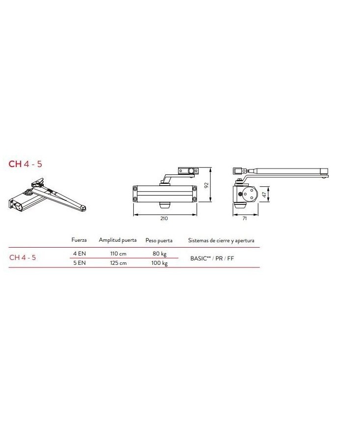 CIERRAPUERTAS  JUSTOR CH 4-5 PR NEGRO (HOJA 125CM-100 KG)
