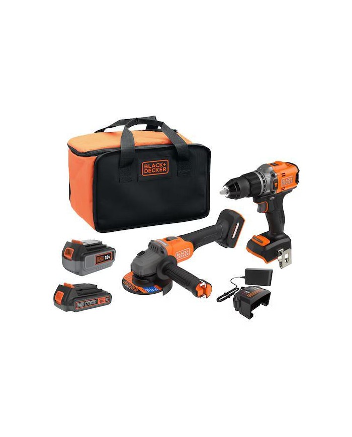 TALADRO PERCUTOR + AMOLADORA 115MM. BLACK & DECKER 18V.SIN ESCOBILLAS 2BATERIAS 2Ah Y 4Ah BOLSA BCK24D1M1SB-QW
