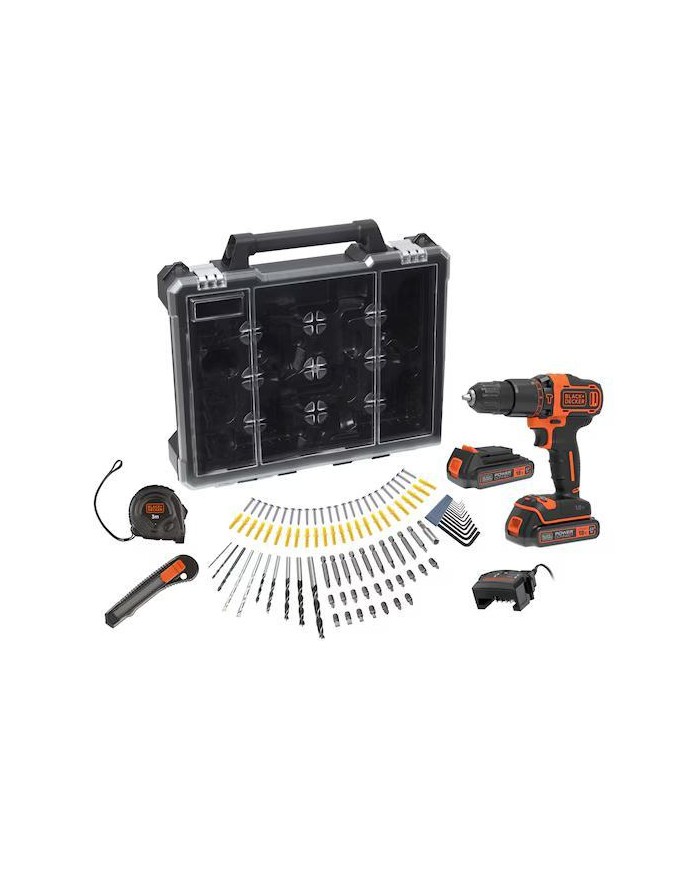 TALADRO PERCUTOR 18V BLACK & DECKER 2 BATERIAS + 100 ACCESORIOS Y MALETIN BDCHD18D2AB-QW