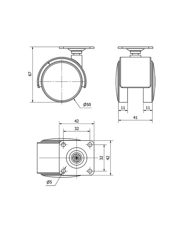 RUEDA GIRATORIA  PLASTICO CON PLACA 50 MM.