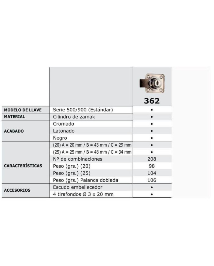 CERRADURA ARMARIO AGA R362 CILINDRO 25MM C3620C25000