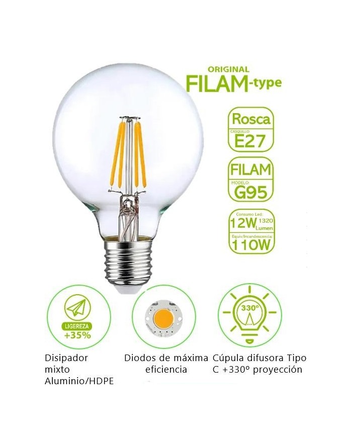 BOMBILLA FILAMENTO BATTERYLIGHT G95 12W. E27 2700K    BT170396