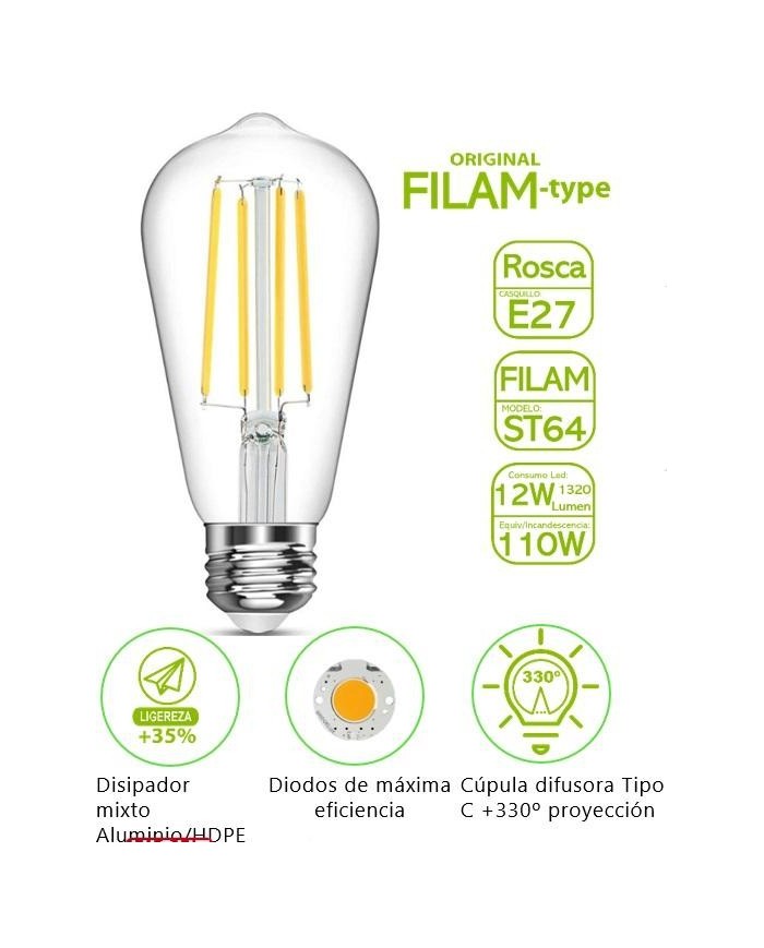 BOMBILLA FILAMENTO BATTERYLIGHT ST64 12W. E27 2700K   BT170394
