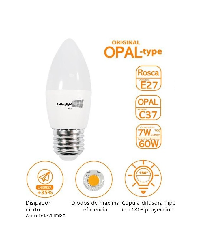 BOMBILLA LED VELA C37 BATTERYLIGHT 7W. E27 6000K      BT170354