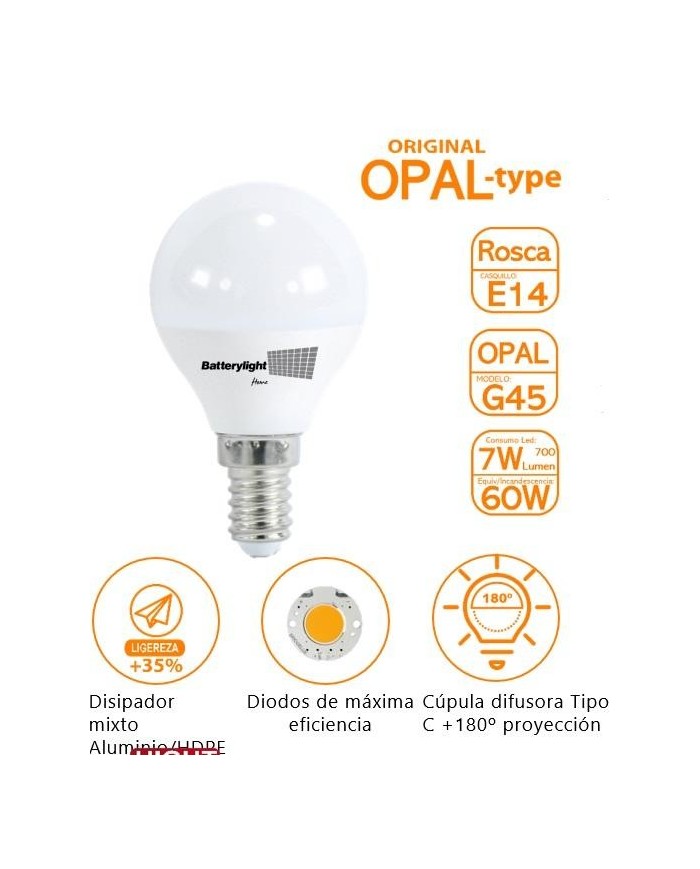 BOMBILLA LED ESFERICA G45 BATTERYLIGHT 7W. E14 6000K  BT170363