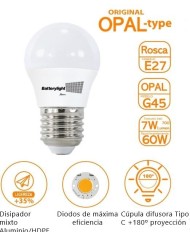 BOMBILLA LED ESFERICA G45 BATTERYLIGHT 7W. E27 6000K  BT170360