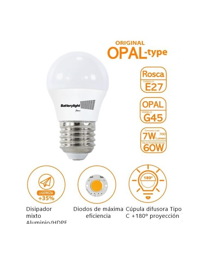 BOMBILLA LED ESFERICA G45 BATTERYLIGHT 7W. E27 6000K  BT170360