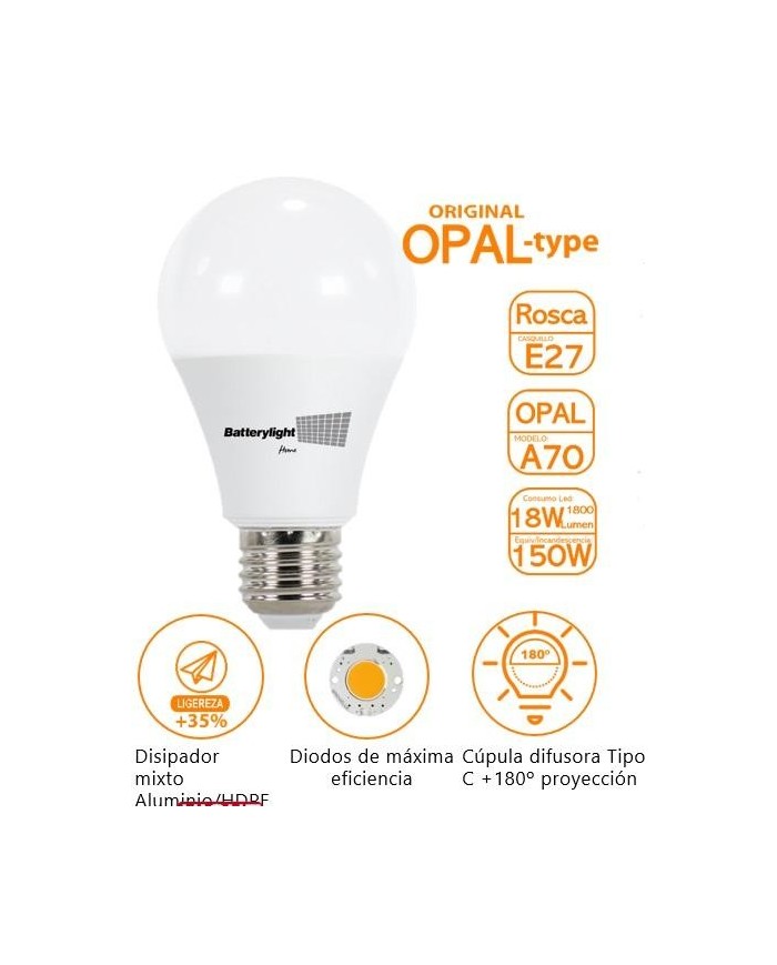 BOMBILLA LED ESTANDAR BATTERYLIGHT A70 18W. E27 6000K BT170378
