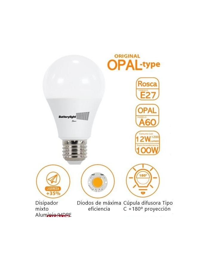 BOMBILLA LED ESTANDAR BATTERYLIGHT A60 12W. E27 2700K BT170374