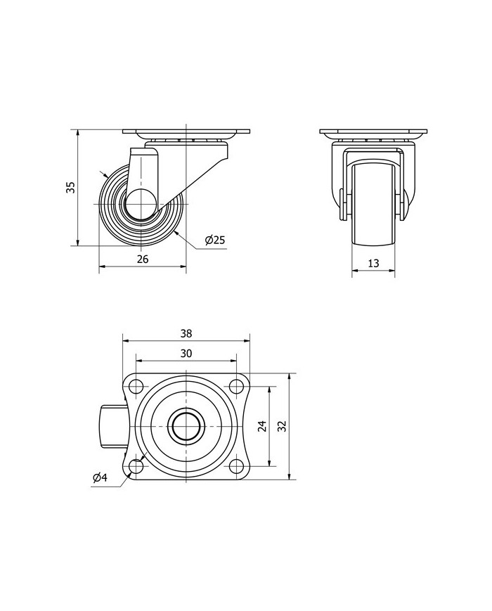 RUEDA GIRATORIA TW0128 25MM. CON PLACA