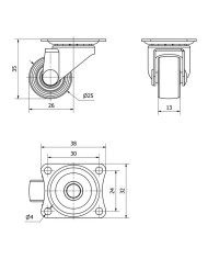 RUEDA GIRATORIA TW0128 25MM. CON PLACA