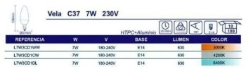 LED VELA C37 7W. E14 3000K-530 LUMENES