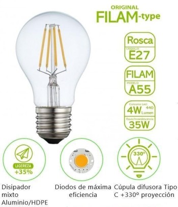 BOMBILLA FILAMENTO BATTERYLIGHT A60  4W. E27 2700K