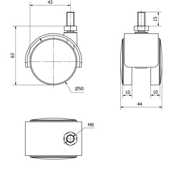 RUEDA GIRATORIA PLASTICO ESPIGA CON ROSCA M-8 50MM